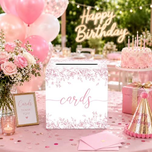 Image of Pink Floral Wedding Card Box with Slot for Baby Shower and Birthday