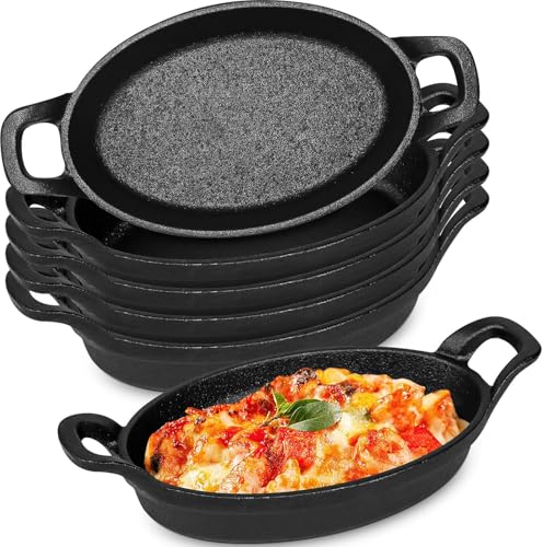 Lot de 6 mini poêles ovales en fonte 15,3 x 9,8 cm – Petites casseroles individuelles en fonte, plats à gratin, poêlons pour la cuisson, la pâtisserie,...