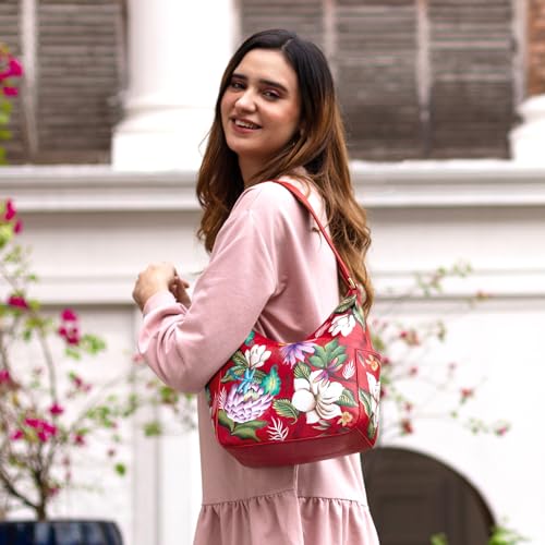 Anuschka Women's Hand-Painted Genuine Vegetable Tanned Leather Classic Hobo with Side Pockets - Crimson Garden3