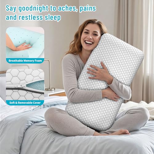 Image of CushyOasis Memory Foam Pillows for Side, Back and Stomach Sleepers, Set of 2, Bed Pillow with Washable Cover and Breathable Mesh, Bed Pillow for Sleeping (Light Grey,Queen Size)