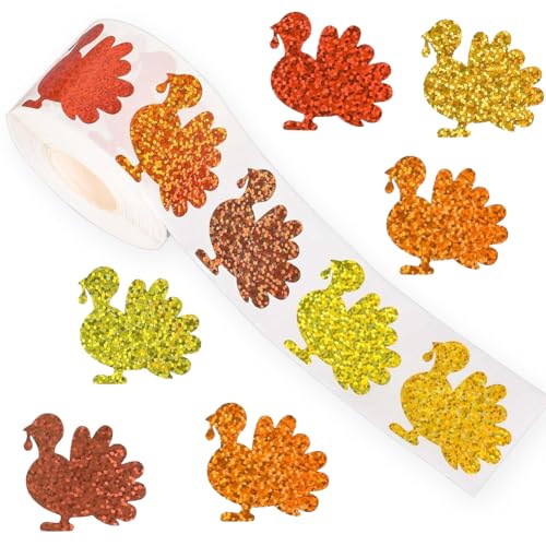 500Pcs Fall Thanksgiving Stickers Roll 1.2in Laser Turkey Waterproof Decals 5 Colors Sparkly Self-Adhesive Stickers for Kids for Fall Autumn Party Supplies Envelope Scrapbook Decor Supplies