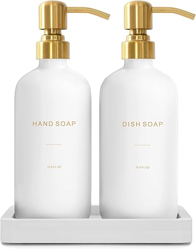 Juego de dispensador de jabón dorado, dispensador de jabón de vidrio con bomba de acero inoxidable, perfecto para decoración moderna de encimera de