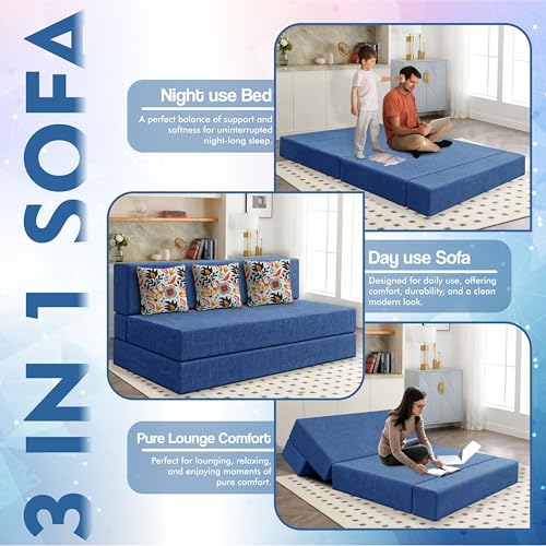 Image of Los Angeles Foldable Three Seater Sofa Cum Bed, Sofa Bed 5 X 6 Feet Jute Fabric Washable Cover- Including Cushion Perfect for Living Room