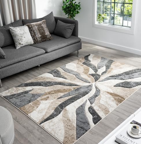 Modern Abstract Hand-Carved Beige Rug
