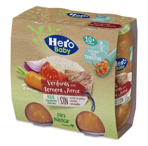Hero Baby Tarritos de Verduras con Ternera y Arroz con Trocitos para bebés a partir de 10 meses, Pack de 2x235gr