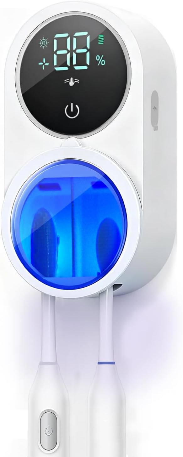 KLUEHOME Upgraded UV Toothbrush Sanitizer Holder for Bathroom, LED Smart Screen,Auto Light Cleaning and 140-Degree Air Drying, Rechargeable Mirror Wall Mounted,Fits Most Toothbrushes