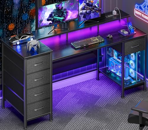 Image of Korfile 55 Inch Computer Gaming Desk with Power Outlets LED Lights Reversible Home Office with Adjustable Fabric Storage Drawers for Working Writing Study, Black
