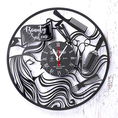 Hairdresser Vinyl Record Wall Clock - Beauty Studio Salon Hair Stylist Gifts Idea For Woman Or Man - Hairdressing Design Professional Equipment Wall Décor Poster Decorations Artwork Vintage Black #TOP3