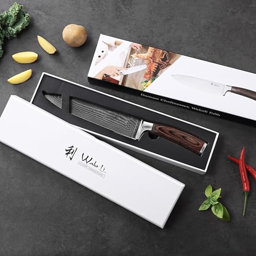 Wakoli Edib Damascus Chef’s Knife | Made from 67 Layers of Genuine Damascus Steel with VG 10 core | Professional Kitchen Knife with Pakkawood Handle in a Gift Box - Image 2