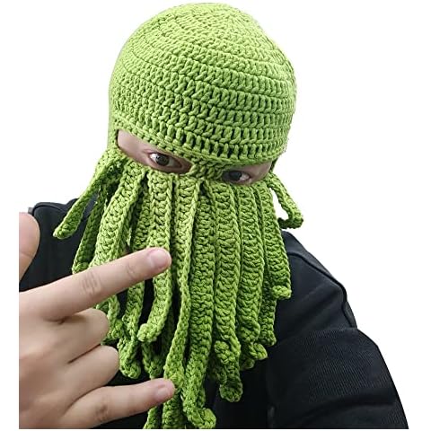 Union Power Octopus Tentacle Hat, Adult Crochet Beanie with Beard, Funny Squid Mask Prop Halloween Cosplay Costume (Green) Cover