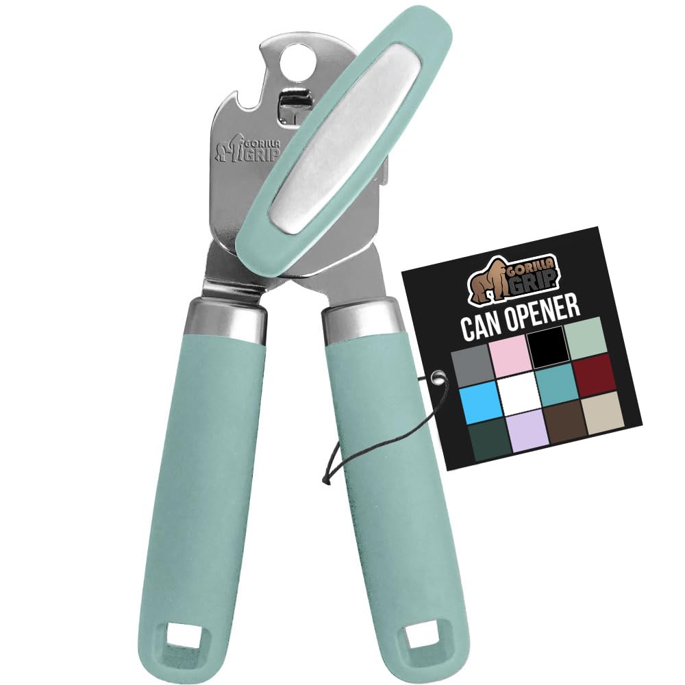 Original Gorilla Grip Heavy Duty Stainless Steel Smooth Edge Manual Hand Held Can Opener Soft Touch Handle Rust Proof Oversized Handheld Easy Turn Knob Large Lid Opener Mint