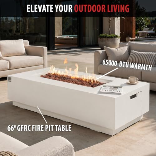 Image of AMS 66 inch Rectangular Concrete Propane Gas Fire Pit Table Bundle, Cream White