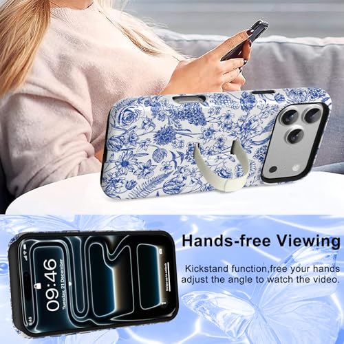 Image of Magnetic for iPhone 17 Pro Max Case with Finger Strap Kickstand [Compatible with Magsafe] Cute Flower Floral Pattern Design, Dual-Layer Shockproof Protective Cover for Women Men, Blue