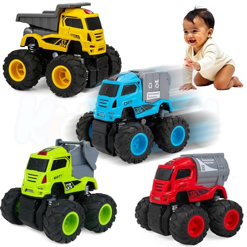 Image of Kidology Mini Trucks Toys Set of 4 | Push to Go Educational Toy Trucks Gift Set for Toddlers -Toy Vehicles with Flashing Lights & Music | Small Toys for Kids, Safe Non-Toxic Plastic