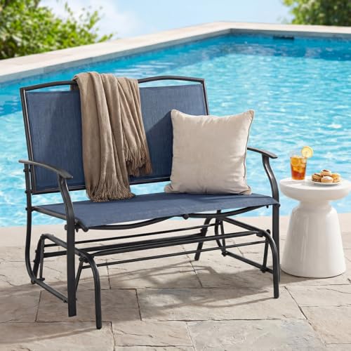 Image of Giantex Outdoor Glider Bench, Patio Glider Bench for Outside, Steel Frame, 400 Lbs Capacity, Ergonomic Swing Rocking Chair Loveseat, 2-Person Porch Swing Rocker for Backyard, Lawn, Balcony, Dark Blue