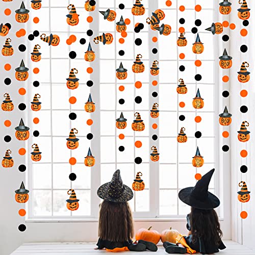 Image of Clearance Pumpkin Polka Dots Garlands Happy Halloween Trick or Treat Boo Sign Witches Hat Pumpkin Black Orange Circle Dot Streamers for Fall Halloween Birthday Bachelorette Party Decorations Supplies