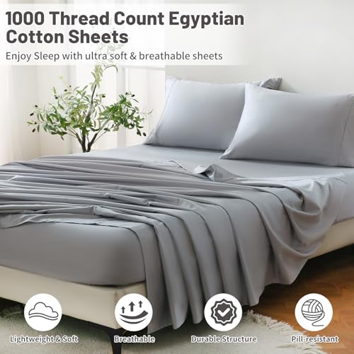 MEISHANG 1000 Thread Count Egyptian Cotton Sheets King - 100% Egyptian Cotton Sheet Set, Sateen Weave, Soft & Breathable, 16" Deep Pockets - 4 Piece (King, Silver)