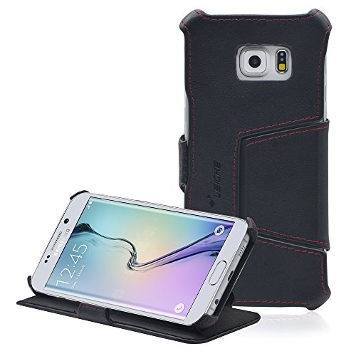 MANNA | Funda de piel genuina para Samsung Galaxy S6 Edge Plus | Función EasyStand | Cuero | Color negro