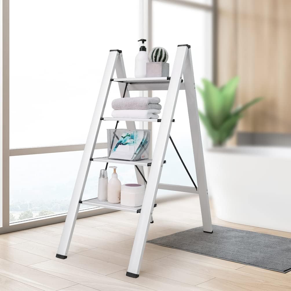 BAOYOUNI 4 Step Ladder Lightweight Folding Aluminum Step Stool Heavy Duty Stepladders 298lbs with Anti-Slip Wide Pedal for Household, Office, Garage, Garden, Painting - Silver (4-Step) - Image 7
