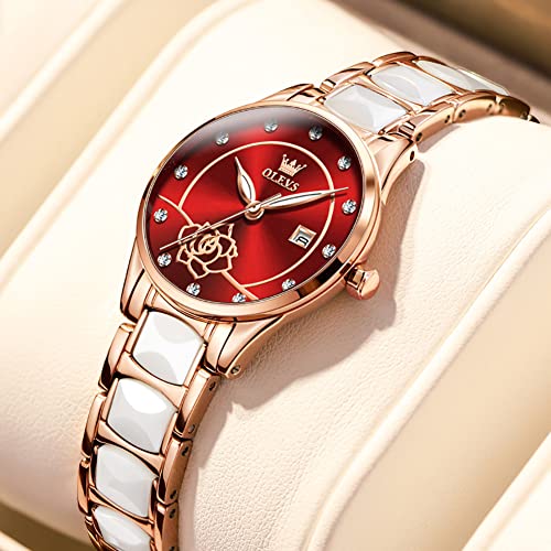 Image of OLEVS Women's Wristwatch, Fashionable, Easy to Read Japanese Movement, Popular, Cute, Date, Luminous, Waterproof, Valentine's Day Gift, wine red - 3606