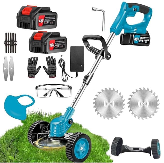 Electric Wireless Rechargeable Edge Cutter 48V - 25cm Cutting Width | 2-in-1 Mower & Trimmer | Adjustable Height | 3 Blade Types | Lightweight & Portable | Lawns & GardensOld/Blue-image-37