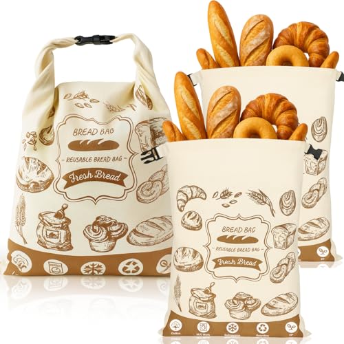2 Stück Wiederverwendbare Brotbeutel, 40x31.5cm Baumwoll Brottasche mit TPU-Innenschicht, Brottüten Frischhalten für Selbstgemachtes Brot, tragbare Brotaufbewahrung mit Schnallenverschluss