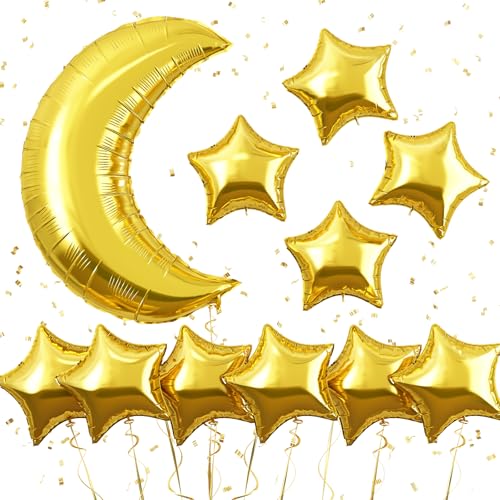 Image of Moon and Star Balloons New Years Balloons Five Angle Stars Foil Myalr Balloon for Happy New Year Eve Ramadan Baby Shower Bridal Wedding Engagement Birthday Anniversary Party Decoration Supplies