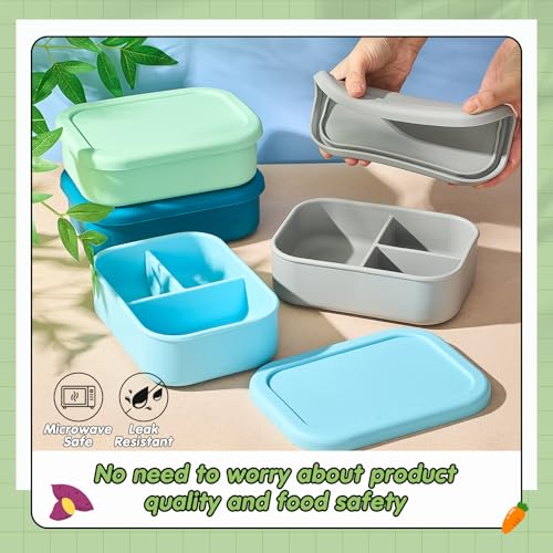 Image of Layhit 4 Pcs Silicone Bento Box for Adults, 27 oz Bento Lunch Container Reusable Food Container for Women Men, Leak Proof Microwave Dishwasher Freezer Safe (3 Compartments,Cool Colors)