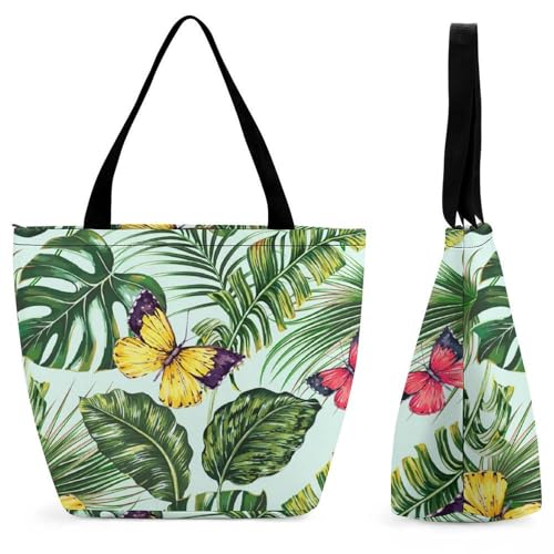 Sac à main imprimé papillon feuille verte - Grand volume et design nature chic pour femme