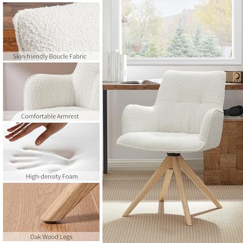 Art Leon Desk Chair No Wheels - Mid Century Modern Swivel Accent Chair, Boucle Fabric Upholstered Office Chair with Oak Wood Legs for Small Space Living Room Bedroom, Off White