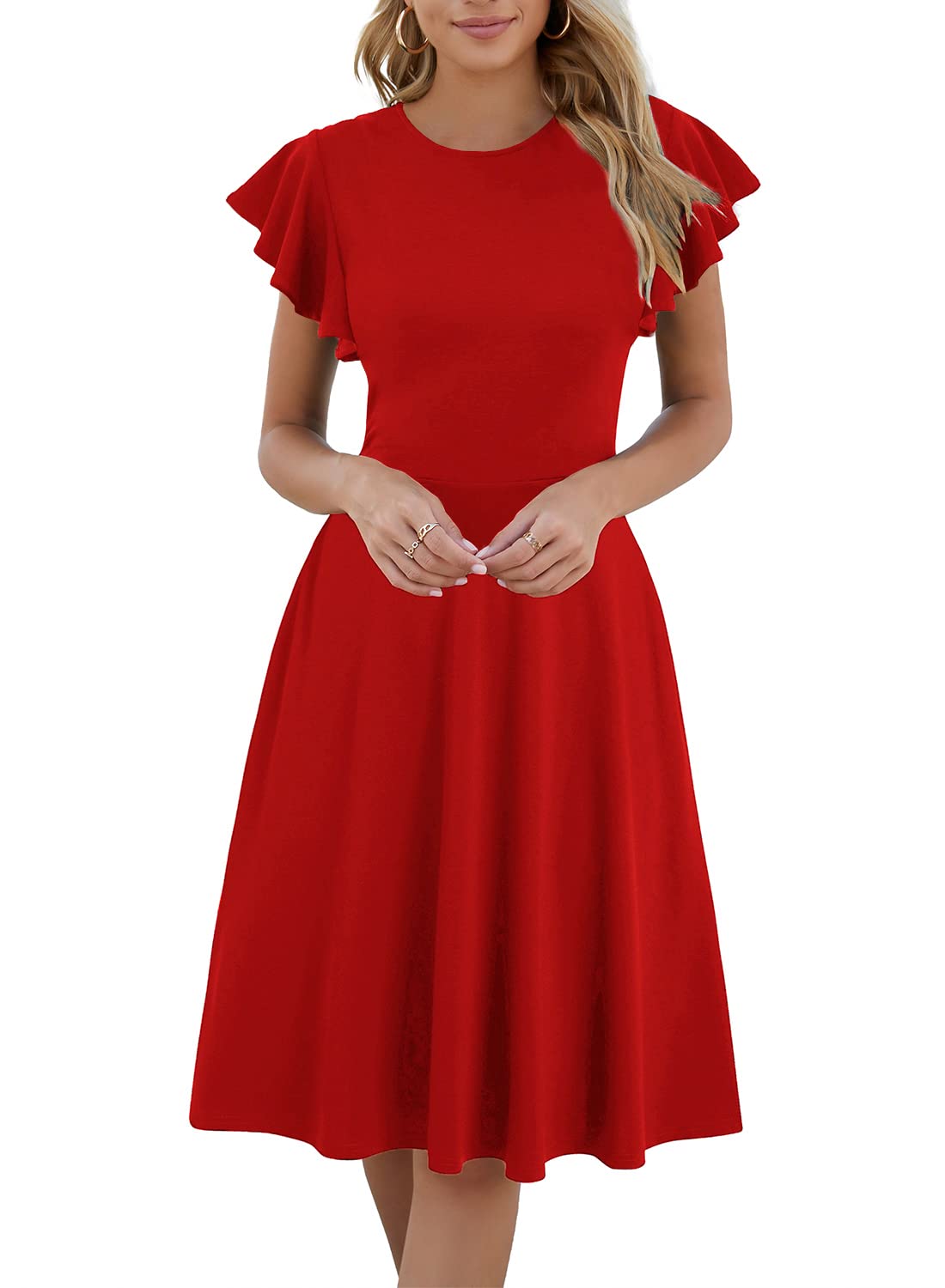 HELYO Women's Semi-Formal Ruffle Sleeves V-Back Work Fit and Flare Cocktail Knee Length Dress with Pockets 842