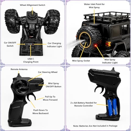 Image of Royal Cellar Defender Climbing Remote Control Car, 1:18 RC Monster Truck 2WD with Dual Spray Smoke, LED Lights, 2.4GHz Long Range, Alloy Body Off Road Car, Type C Rechargeable (Thar Ro)