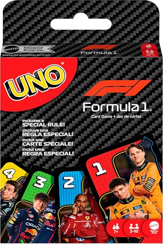 Mattel Games UNO F1 Juego de Cartas para niños, familias, Viajes y acampadas, baraja con imágenes de Fórmula 1, JMF10