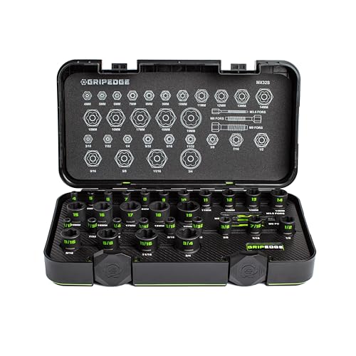 GripEdge | 32-PC 1/4 & 3/8 Drive Metric & SAE Master Socket Extractor Set| Includes sizes - 4-19mm & 3/16-3/4 | Includes Premium Plastic Case With Foam Insert |