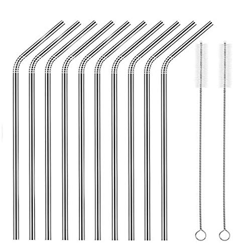 Image of Expresso - New Set of 10 Reusable Stainless Steel Drinking Straws 10.5'' (10 Bend & 2 Cleaning Brushes) - BPA Free Metal, Thick, Long, Dishwasher Safe - for Smoothies, Tumblers, Travel & More