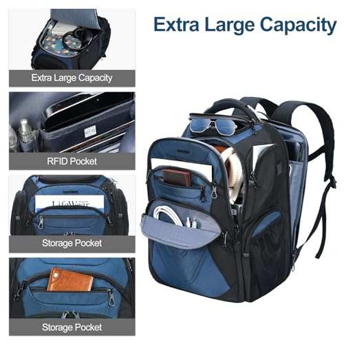 Image of KROSER TSA Friendly Travel Laptop Backpack 18.4 inch XXXL Gaming Backpack Water-Repellent College Daypack Business Backpack with RFID Pockets & USB Port for Men /Women-Black /Haze Blue