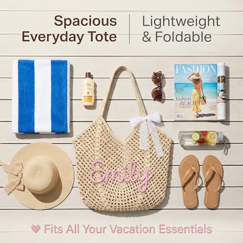Bolso de playa tejido a mano personalizado VEELU para mujer, bolso tote con nombre personalizado, ligero para viajes y vacaciones de verano miniatura 5