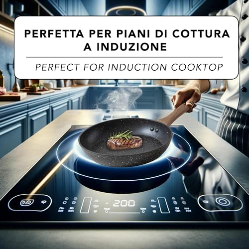 IPEA Padella Antiaderente per Induzione e Fornello a Gas - 22 x 22 cm - Padella Anti Aderente in Alluminio con manico in Legno per Carne, Bistecche, Hamburger, Pesce - Padelle da Cucina - immagine 4