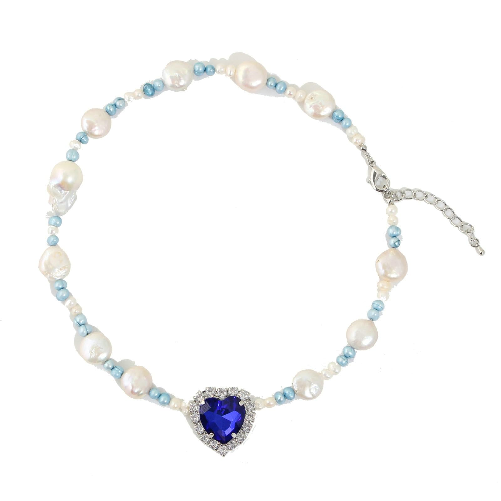 Cadena larga chapada en plata azul cadena boda corazón zirconia colgante collares, 47.5CM, Plata, Circonia cúbica