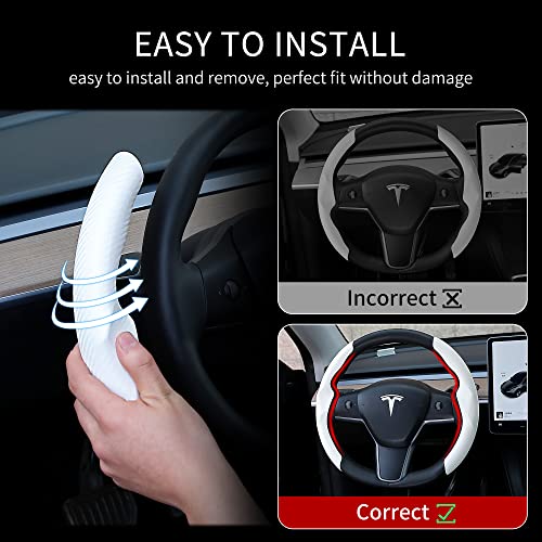 Tesla Carbon Fiber Steering Wheel Cover Tesla Model 3 Model Y Steering Wheel Wrap Protector Anti-Slip Interior Tesla Accessories (White) #TOP4