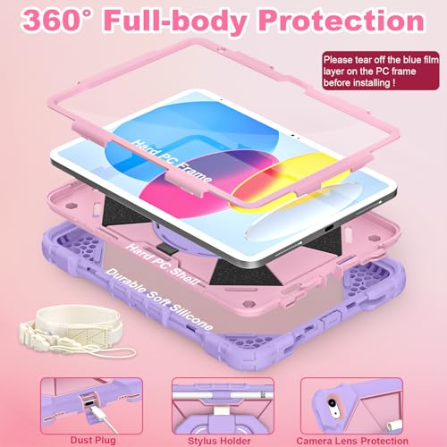 Image of WESOROL Case for iPad (A16) 11th /10th Generation 2025 /2022 with Screen Protector Rotating Stand Pencil Holder iPad Case 10th Generation Shockproof Cover for iPad 11th /10th Gen Cases,Purple Rose