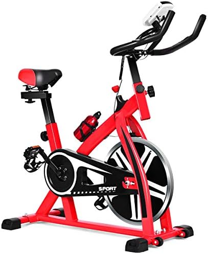 COSTWAY Exercise Bike, Flywheel Spinning Stationary Bicycle with Adjustable Seat & Resistance, Heart Rate Monitor, LCD Displays and Bottle Holder, Indoor Cycling Bikes for Home Gym Workout