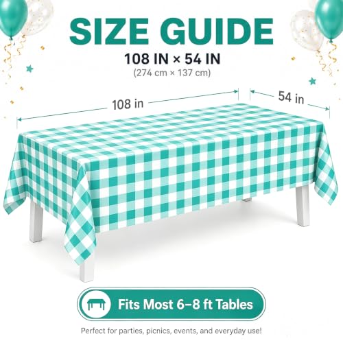 Image of WNINK 2 Pack Mint Green Gingham Tablecloths, 54 x 108 Inch Disposable Waterproof Plastic Table Covers for Rectangle Tables, Picnic, Birthday Party, Baby Shower and Celebration