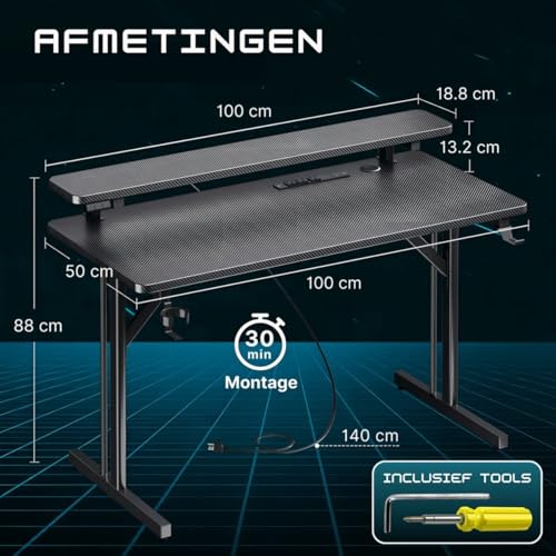Five Stars® Game Bureau - 100x50x75 cm - Game Bureau met LED verlichting - Zwart Carbon - Gaming Desk - Computertafel - RGB LED Verlichting - Afbeelding 4