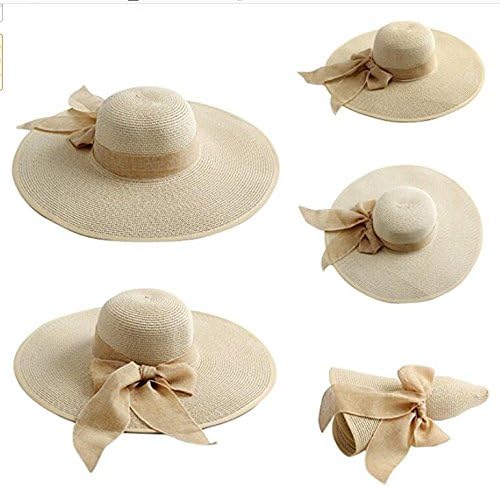 1Pcs Womens Sun Straw Hat Wide Brim Big Bowknot Beach Cap Floppy Foldable Sun Hat (Beige) - Image 7