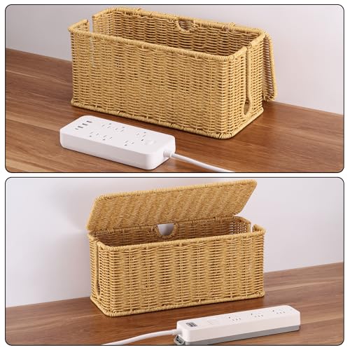Image of 2Pack Large Cable Management Box, Handwoven Imitation Rattan Cord Organizer | Handwoven imitation rattan cord hider box conceals power strips and cables for a clean desk or floor setup