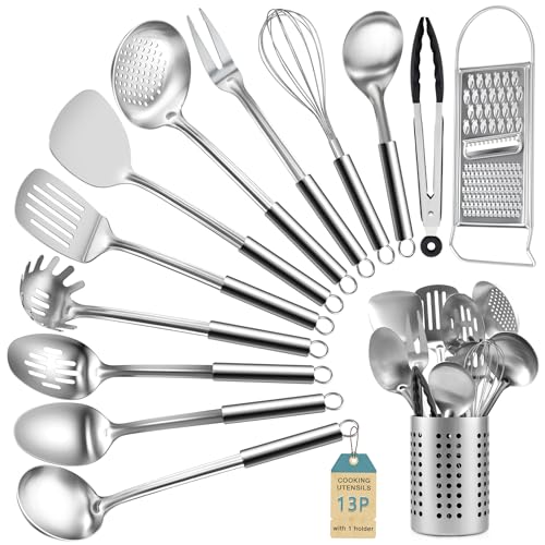 Pleafind Utensilios de Cocina Acero Inoxidable - Resistentes al Calor, 13 Piezas Utensilios de Cocina, Menaje de Cocina Antiadherentes con soporte, Espumadera, Espátula, etc, Apto para Lavavajillas
