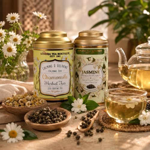 Image of Sancha Tea Boutique, Tea Combo Pack: Chamomile Flower, Caffeine Free Herbal, 50g & Jasmine Dragon Pearls Teas 50g, Loose Leaves