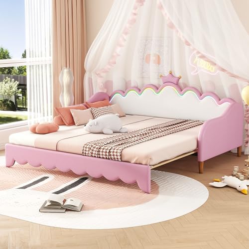 Klwenas Maec Twin Size Extending Daybed with LED Lights, Modern Upholstered Princess Daybed with Crown Headboard
