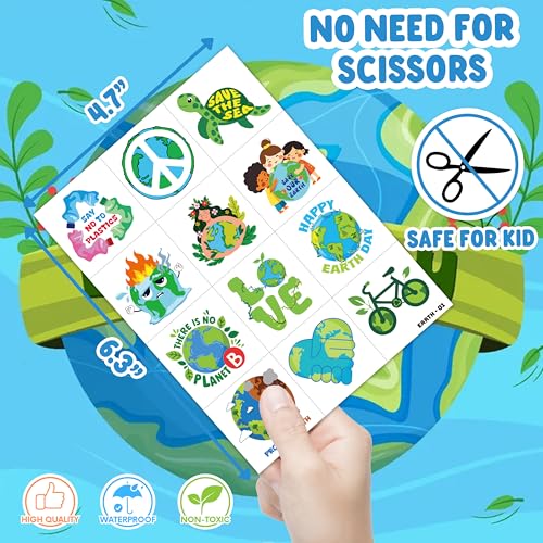 96 PCS Earth Day Environment Pre-Cut Temporary Tattoos for Kids | Super Cute Themed Birthday Party Favors, Supplies, Decorations, Fake Tattoo Stickers, School Rewards Prizes & Gifts Boys & Girls